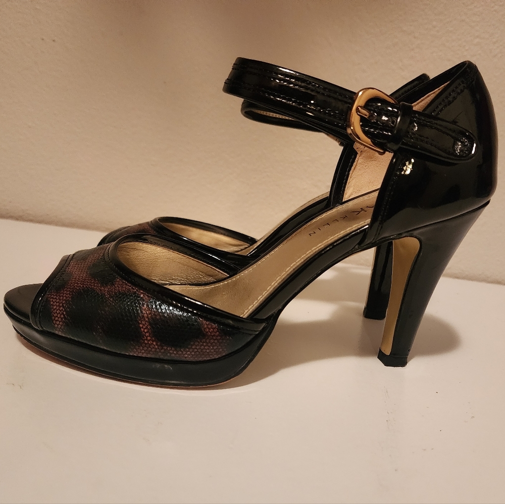 Anne Klein Etenia Leopard Print Black Patent Leather Open Toe Shoes Women's 7m - Picture 2 of 6